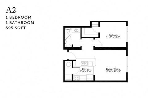 Floor plan for 1 bed, 1 bath, 595 sqft